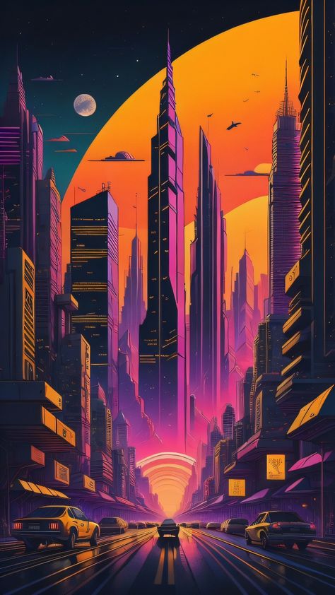 Synthwave city wallpaper phone 80s Synthwave Wallpaper, Art Inspiration Colorful, Synthwave City, Synthwave Wallpaper, Neon Cyberpunk Aesthetic, Scifi Aesthetic, Vaporwave Poster, 80s Room Decor, Synthwave Art