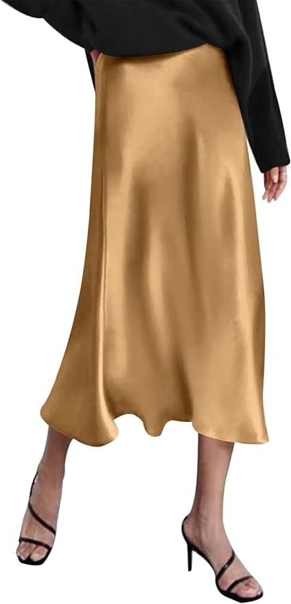 Amazon.com: Zeagoo Womens Midi Skirt Satin High Waist Skirt Elegant Silk Skirts Khaki : Clothing, Shoes & Jewelry Midi Skirt Satin, Green Satin Skirt, Long Satin Skirt, Silk Skirts, Skirt Satin, High Waist Long Skirt, Skirt Elegant, Silk Midi Skirt, Pretty Skirts