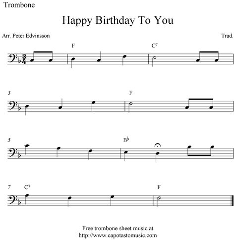 trombone sheet music  happy birthday | Sheet Music Scores: Happy Birthday To You, free easy trombone sheet ... Music Happy Birthday, Trombone Music, Trombone Sheet Music, Free Printable Sheet Music, Happy Birthday Music, Diy Mod Podge, Cello Sheet Music, Hymn Sheet Music, Song Notes