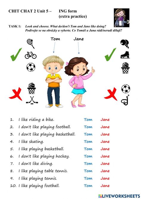 I Like I Don't Like Worksheets For Kids, Like Ing Worksheet, Ing Form Worksheet, Like + Ing Worksheets, Verb Ing Worksheet, Like Don't Like Worksheet, Hobbies Worksheet English, Hobbies Worksheet For Kids, Excersise For Kids