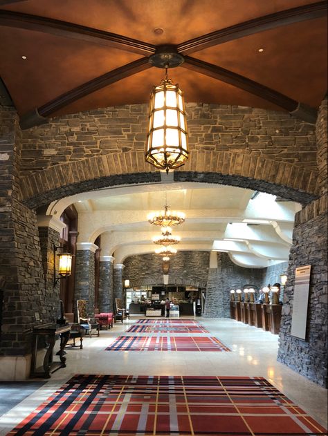 Inside the beautiful lobby of the historic Banff Springs Hotel in Alberta, Canada. Banff Summer, Banff Springs Hotel, Fairmont Banff Springs, Fairmont Banff, Spring Interiors, Travel Postcard, Summer Trip, Hotel Interior, Architecture Old