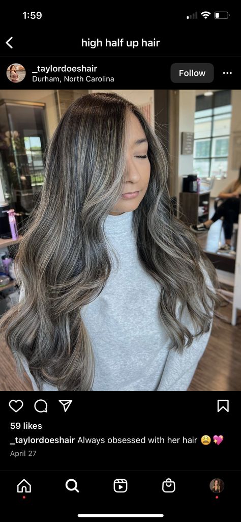 Hair Color On Dark Brown Hair, Ash Blonde Highlights Asian Hair, Dark Hair Full Highlights, Balayage No Money Piece, Ash Blonde On Dark Hair, Cool Toned Brown Hair With Highlights, Platinum Blonde Balayage On Dark Hair, Ashy Brown Hair Balayage Dark, Dark Hair With Ash Blonde Highlights