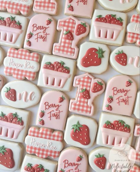 First Birthday Strawberry Cookies, Strawberry Cookies First Birthday, Berry Cute 1st Birthday, My Berry First Birthday Cookies, Strawberry Themed 1st Birthday Cookies, 1st Birthday Party Strawberry Theme, Food For Berry First Birthday, Berry Birthday Cookies, Berries Birthday Theme