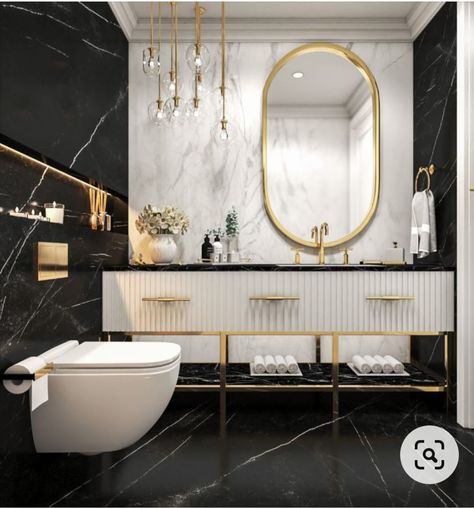 Black And Gold Washroom, Luxury Black Bathroom, Modern Glam Bathroom, Small Washroom Design, Glam Bathroom Ideas, Luxury Bathroom Vanity, Bathroom Ideas Luxury, Black And Gold Bathroom, Modern Luxury Bathroom