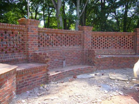 Pierced Brick Walls: A Classic Screen Alternative | Fun Times Guide to Home Building/ Remodeling Brick Seating Outdoor, Brick Walls Outdoor, Brick Fence Ideas, Brick Seating, Brick Wall Gardens, Brick Wall Ideas, Brick House Plans, Brick Courtyard, Wall Fence