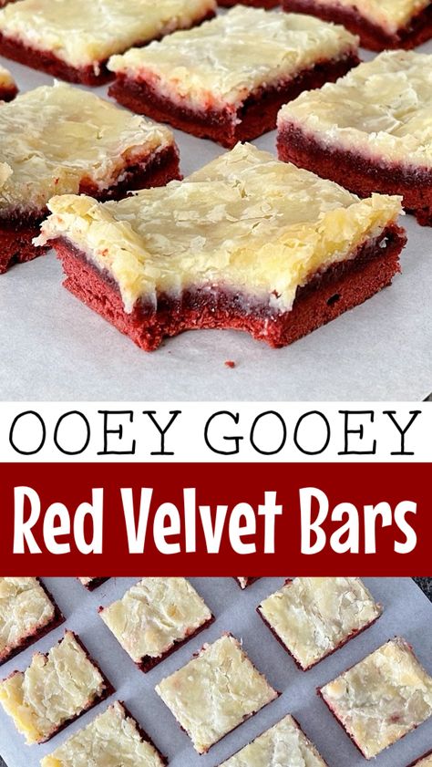 Looking for a delicious and easy red velvet recipe? Try these Red Velvet Ooey Gooey Bars made with cake mix, cream cheese, and just a few other simple ingredients. Perfect for special occasions or as an indulgent treat any time! Red Velvet Ooey Gooey Cookies, Red Velvet Gooey Bars, Red Velvet Squares, Red Velvet Bars Cream Cheese, Red Velvet Ooey Gooey Cake, Recipes With Red Velvet Box Cake Mixes, Easy Red Velvet Recipes, Desserts With Red Velvet Cake Mix Boxes, Red Velvet Chess Squares