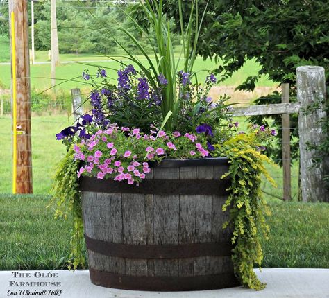 Barrel planter  from The Olde Farmhouse on Windmill Hill Wine Barrel Planter Flowers, Whiskey Barrel Ideas Planters, Whiskey Barrel Planter Flowers, Whiskey Barrel Planter Ideas, Colorado Gardening, Building A Stone Wall, Gaudi Art, Barrel Flowers, Whiskey Barrel Planter