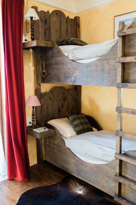 Hugh made these bunk beds with the old wood covering the barn walls - full size adult. This is the Beaufort bunk room. Vintage Bunk Beds Kids, Bed Wood, Bunk Room, Wood Cover, Bunk Bed, The Barn, Old Wood, Bunk Beds, Old And New