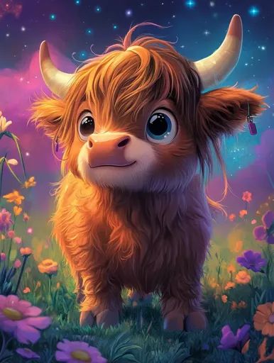 ↑↑↑ Larger size on website 🔸 A cute, cartoon-style Highland cow with large, expressive eyes stands in a field of flowers.  The sk Highland Cow Cartoon, Kate Baby, Floral Field, Cute Highland Cow, Unique Iphone Wallpaper, Baby Highland Cow, A Field Of Flowers, Scottish Highland Cow, Fluffy Cows