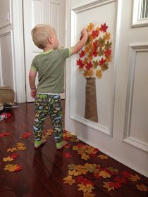 We love creating sticky walls  and using contact paper for crafting.    Today we are sharing a super easy Fall tree activity for toddlers th... Contact Paper Activities, Autumn Tuff Tray, Autumn Activities For Preschool, Thanksgiving Toddler Activities, Toddler Fall Activities, Autumn Eyfs Activities, Fall Crafts For Preschoolers, Autumn Eyfs, November Bulletin Board