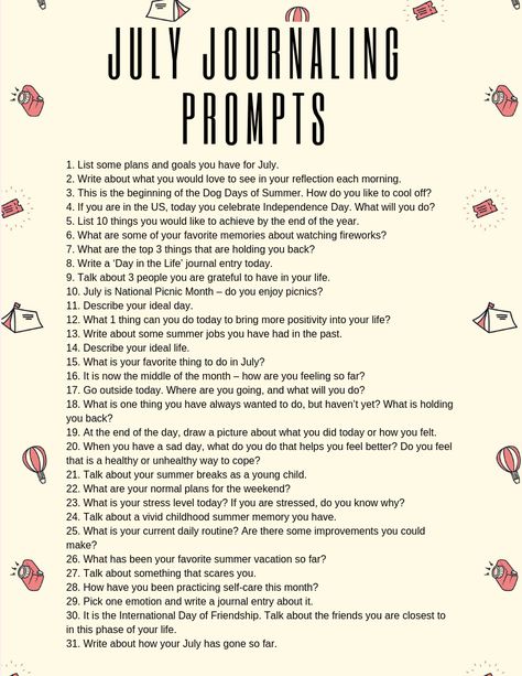 This July journaling prompts printable has all the writing prompts you need to inspire you as we head into the dog days of Summer! July Writing Prompts, July Journal Prompts, July Prompts, Monthly Prompts, July Journal, Writing Prompts Journal, Show Don't Tell, Hobbies Quote, Easy Hobbies