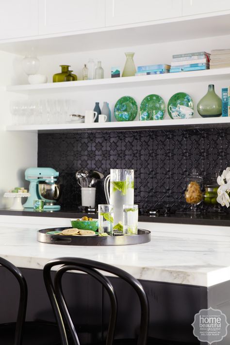 Kitchen Splash Back Wallpaper, Black Tin Backsplash Kitchen, Pressed Tin Splashback, Pressed Tin Backsplash, Tin Backsplash Kitchen, Kitchen Splash Back, Trendy Kitchen Tile, Kitchen Splashback Tiles, Colour Crush