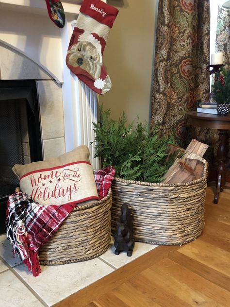 Basket On Fireplace, Fireplace For Christmas, Decorate With Baskets, Vintage Picnic Basket, Christmas Centers, Birch Logs, Christmas Basket, Vintage Picnic, By The Fireplace