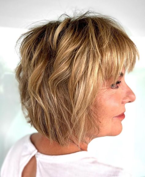 Sliced Shaggy Bob with Thick Bangs Bangs For Women Over 50, Bangs Over 50, Medium Shaggy Hairstyles, Hair Over 50, Short Shag Haircuts, Bangs For Women, Shaggy Haircuts, Bob Hairstyles With Bangs, Choppy Bob