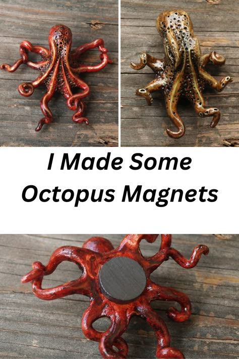 I’ve been working on a series of little octopus refrigerator magnets. Each one is sculpted by hand with polymer clay, and are all approximately 3 inches long. How To Make An Octopus Out Of Clay, Polymer Clay Unique Ideas, Bakeable Clay Ideas, Sculpting Polymer Clay, Diy Clay Magnet Ideas, Polymer Clay Art Projects, Polymer Octopus, Clay Magnets Ideas, Clay Polymer Ideas