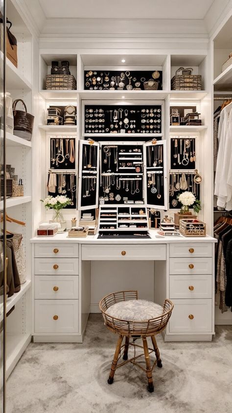 40+ Stylish Walk-In Closet Ideas for Ultimate Organization Makeup Station In Walk In Closet, Walk In Closet Jewelry Display, Organized Closet Walk In, Inexpensive Closet Ideas, Closet Walk In Ideas, Master Closet Storage Ideas, Women Closet Organization Ideas, Girls Walk In Closet, Closet And Vanity Room Ideas