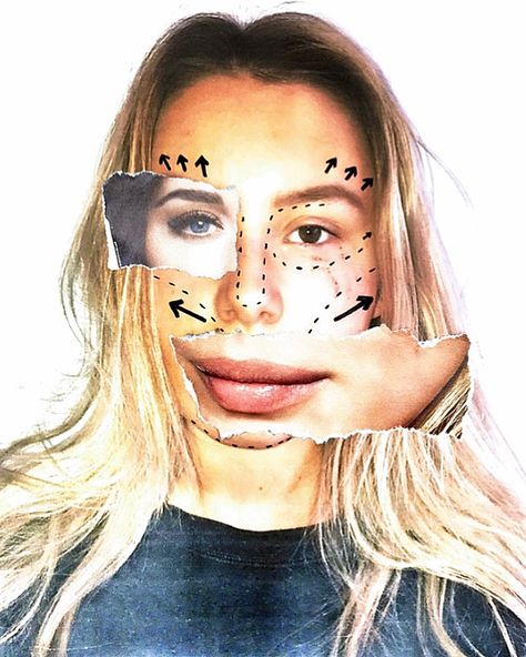 Plastic Surgery Photography, Beauty Standards Art Body Image, Plastic Surgery Drawing, What Is Beauty Art, Social Media Beauty Standards Art, Unrealistic Beauty Standards Art, Collage Photography Ideas, Beauty Standards Artwork, Face Collage Photography