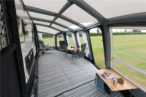 Kampa Frontier AIR Pro 400 Caravan Awning 2018 Camper Awning Ideas, Caravan Awning Interior Ideas, Diy Rv Awning, Caravan Awning Interior, Camper Storage Ideas Travel Trailers, Popup Camper Remodel, Pitch Roof, Caravan Ideas, Camper Awnings