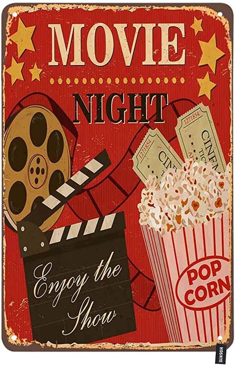 HOSNYE Movie Night Poster Tin Sign Enjoy The Show with Popcorn Red Background Vintage Metal Tin Signs for Men Women Wall Art Decor for Home Bars Clubs Cafes 8x12 Inch Vintage Movie Night, Movie Night Poster, Valentines Blanket, Bar In Casa, Bars And Clubs, Plate Wall Decor, Life Poster, Retro Wall Decor, Funny Posters