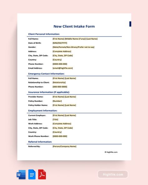 New Client Intake Form - Word | PDF | Google Docs - Highfile Client Intake Form, Intake Form, Notary Public, Emergency Contact, Google Forms, Job Title, The Client, Google Docs, First Names