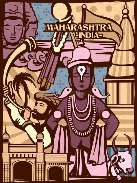 Illustration about Vector design of colorful cultural display of State Maharashtra in India. Illustration of ancient, building, aurangabad - 154243154 Culture Of Maharashtra, Rukhvant Ideas, Culture Of India Art, Maharashtra Drawing, Maharashtra Illustration, Karnataka Culture, Maharashtra Culture, India Illustration, Maharashtra Day