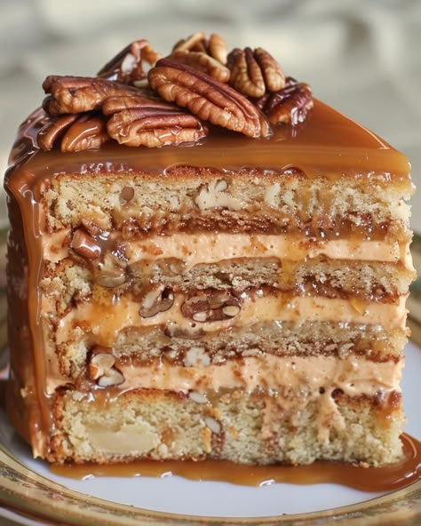 Southern Pecan Caramel Cake 🎂🥳 This Southern Pecan Caramel Layer Cake is a must-try for any dessert lover! Soft, buttery layers with a rich caramel frosting. 😍🍰 Ingredients: 2 1/2 cups all-purpose flour 2 cups granulated sugar 1 cup unsalted butter, softened 1 cup whole milk 4 large eggs 2 teaspoons vanilla extract 2 teaspoons baking powder 1/2 teaspoon baking soda 1/2 teaspoon salt 1 cup pecans, chopped For the Caramel Frosting: 1 cup unsalted butter 1 cup brown sugar, packed 1/4 cup whole milk 3 cups powdered sugar 1 teaspoon vanilla extract Directions: Preheat your oven to 350°F (175°C). Grease and flour three 9-inch round cake pans. In a large bowl, beat together the butter and sugar until light and fluffy. Add eggs one at a time, beating well after each addition. Stir in the vanil Pecan Caramel Cake, Caramel Layer Cake, Carmel Cake, Caramel Cake Recipe, Southern Cake, Butter Pecan Cake, Brunch Desserts, Caramel Frosting, Pecan Cake