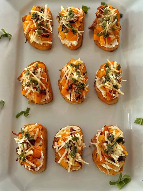 Savory and Sweet Butternut Squash Crostini Squash Crostini, Appetizer Sweet, Fall Appetizer, Sage Butter, Toast In The Oven, Fall Appetizers, Sliced Baguette, Pumpkin Butter, Roasted Butternut Squash