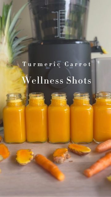 Ivonka•Juice Recipes•Juicing for Health•Juicing on Instagram: "TURMERIC CARROT WELLNESS SHOTS⬇️ 🎉For a spectacular finish to 2022, I’ve rounded up some of my juiciest videos from this amazing year! It’s been an incredible year to witness the growth in numbers within our juicing community! 2023 is just around the corner and I am so excited for the new year, and to provide more delicious, unique and creative juice recipes with you all! Try this fan favourite wellness shots⬇️ 1/2 small pine Wellness Shot Recipe, Ginger Shot Recipe, Turmeric Juice, Healthy Juicer Recipes, Fat Burning Juice, Wellness Shots, Juicer Recipes, Healthy Drinks Smoothies, Smoothie Challenge