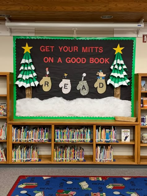 Get Wrapped Up In A Good Book Bulletin Board, Winter Themed Library Bulletin Boards, Winter Bulletin Boards For Elementary Library, Christmas Book Themed Door Decorations, Christmas Display Library, Gingerbread Library Bulletin Board, December Library Bulletin Board Ideas, Winter Bulletin Board Ideas For Library, Library Holiday Bulletin Boards