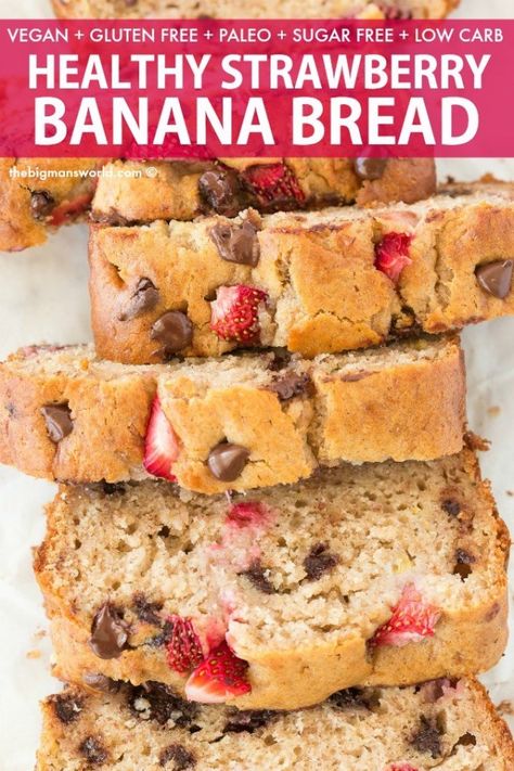 Sugarless Desserts, Easy Healthy Banana Bread, Banana Bread Healthy Easy, Recipe With Strawberries, Strawberry Banana Bread Recipe, Artichoke Bread, Healthy Banana Bread Recipe, Strawberry Banana Bread, Aip Breakfast