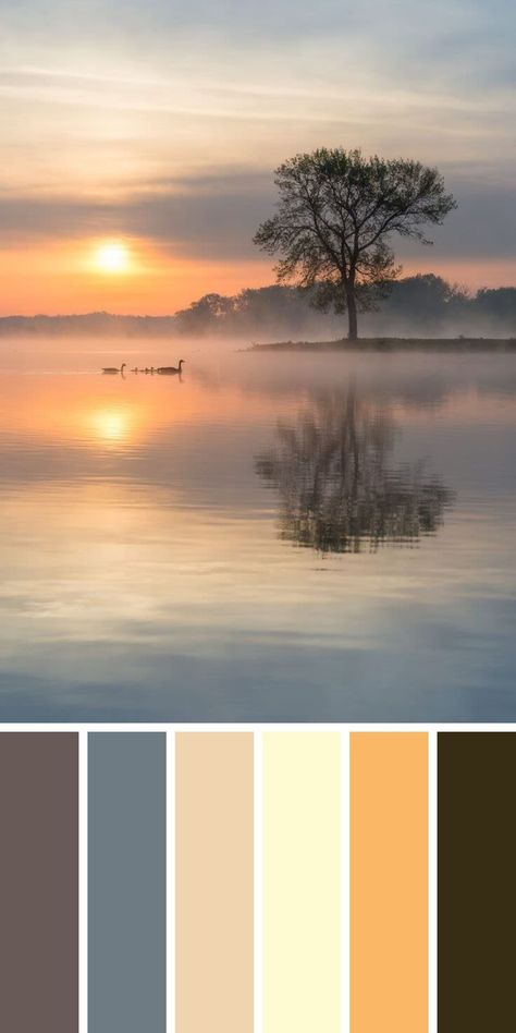 Nature is the best source of inspiration for the beautiful and unique color combinations. Sky colors reflected in the lake during the dawn time give us an incredible color pallette from grayish blue to orange to almost black davis gray. Just incredible! Grayish Color Palette, Dawn Color Palette, Lake Color Palette, 21 Draw, Dawn Palette, Heavenly Virtues, Colour Pallettes, Sunset Color Palette, Color Palette Living Room