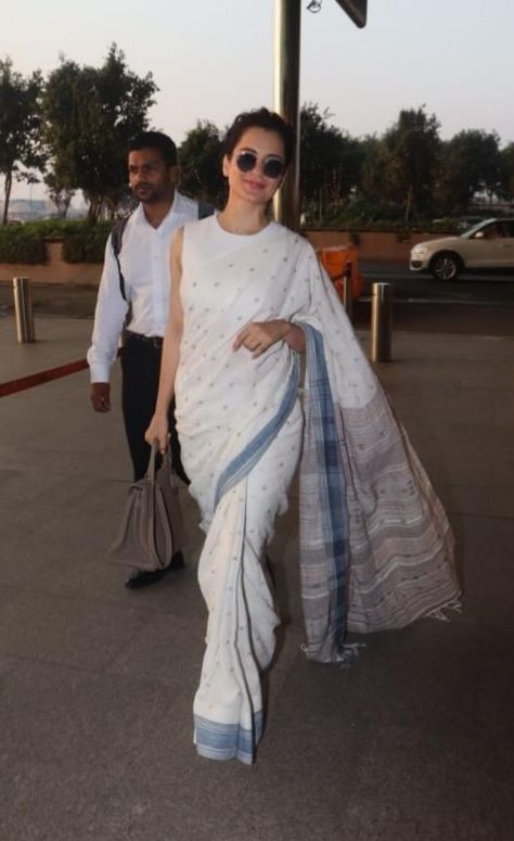 Corporate Saree, Kangana Ranaut Saree, White Cotton Saree, Office Wear Saree, Desi Vintage, Women Office Wear, Two Piece Evening Dresses, White Sari, Ethnic Saree