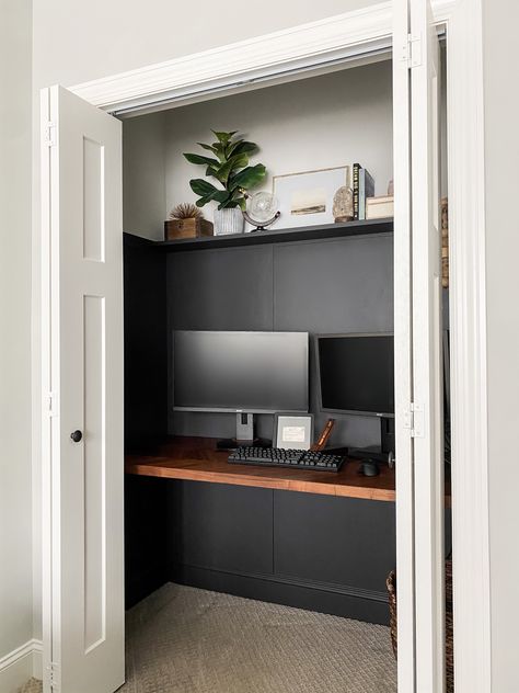 HOW TO TURN A CLOSET INTO A BEAUTIFUL, FUNCTIONAL OFFICE SPACE – Stay Home Style Closet Office With Doors, Floating Desk In Closet, Cloffice Lighting, Gaming Desk In Closet, Wardrobe Desk Combo, Closet Desk Diy, Tiny Closet Office, In Closet Desk, Diy Closet Desk