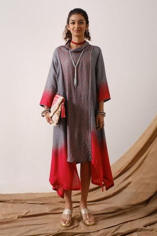 Shop for Aditi Somani Grey Silk Asymmetrical Tunic for Women Online at Aza Fashions Cowl Sleeve, Ombre Tunic, Tunics Online, Red Ombre, Gray Silk, Tie And Dye, Silk Embroidery, Asymmetric Hem, Aza Fashion