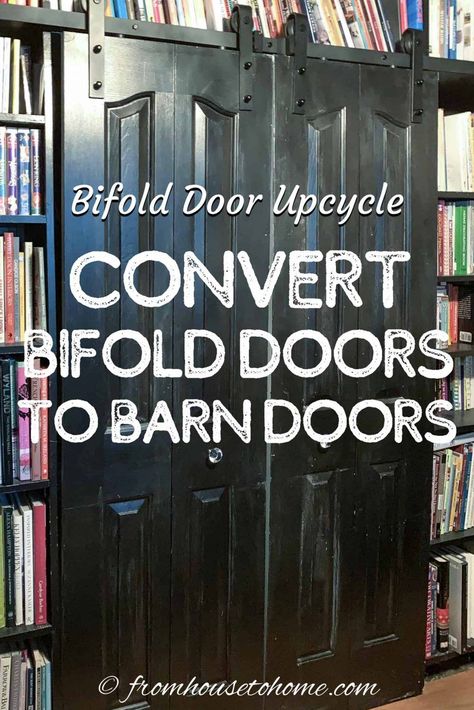 If you've looking for a way to repurpose bifold doors, try converting them into barn doors. It's an easy home decor DIY project to upcycle the bifold doors you already have in your bedroom, office, living room, closet or laundry room. #fromhousetohome #homedecor #diyproject #doors #barndoors  #diydecorating Bifold Door Makeover, Bifold Doors Makeover, Living Room Closet, Farrow Bal, Bifold Door, Sewing Room Storage, Bifold Closet Doors, Bifold Barn Doors, Drill Bit Sizes