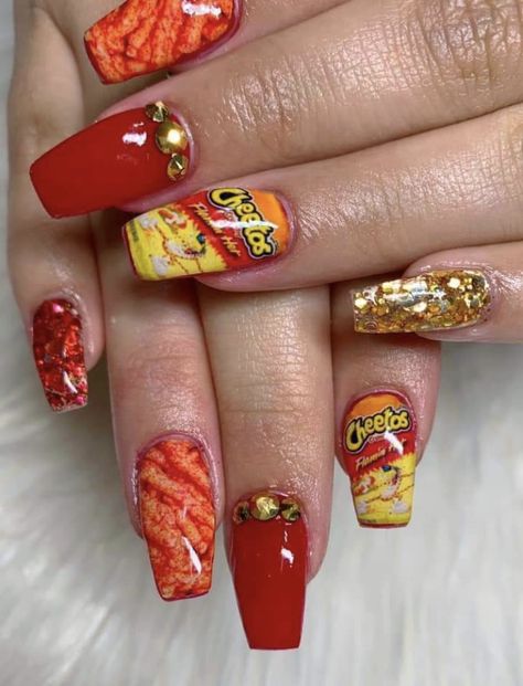 Cheeto Nails, Stained Nails, Texas Nails, Best Nail Ideas, Mexican Snacks, Hot Cheetos, Punk Nails, Sassy Nails, Drip Nails