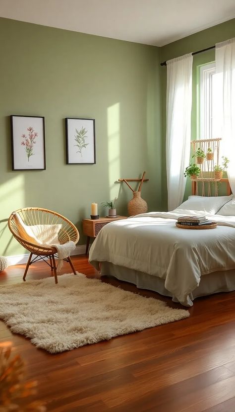 Step into a serene bedroom that embodies minimalism and tranquility. The soft sage green walls, adorned with framed botanical prints, create a calming backdrop. A fluffy cream rug offers comfort on the polished wooden floor, while a vintage wicker chair draped in a cozy throw adds charm. The bed, dressed in crisp white linens and a bohemian macramé headboard, is complemented by cascading plants. Natural light filters through sheer curtains, enhancing the warm ambiance. #MinimalistBedroom #CozySanctuary #NatureInspiredDecor Beige And Sage Green Bedroom, Small Bedroom Colors, Sage Green And Beige Bedroom, Light Sage Green Bedroom, Vintage Reading Nook, Soft Green Bedroom, Bedroom Colour Ideas, Oversized Bed, Small Bedroom Colours