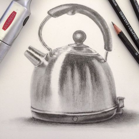 Kettle Drawing, Fine Art Painting Techniques, Drawing Trends, Charcoal Ideas, Things To Draw Ideas, Value Drawing, Drawing With Charcoal, Drawing Apple, Still Life Sketch