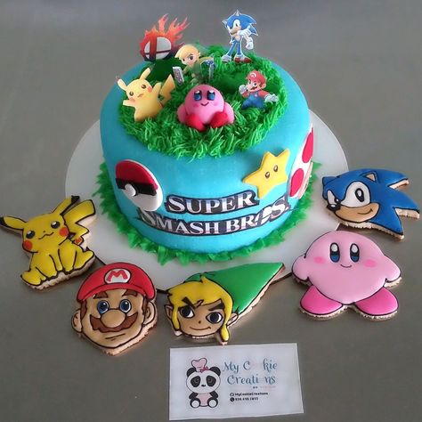 Smash Bros Cake Birthdays, Smash Brothers Cake, Super Smash Bros Birthday Cake, Super Smash Bros Cookies, Super Smash Bros Cake Ideas, Super Smash Bros Party Decorations, Super Smash Bros Birthday Party, Smash Brothers Birthday Party, Smash Bros Birthday Party