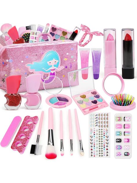 Girls Makeup Playset Washable Portable Professional Assorted Reusable Play Makeup Kit With Pouch ... Kid Makeup Looks, Makeup For Kids, Make Up Kits, Bling Bottles, Makeup Kit For Kids, Play Makeup, Barbie Room, Kids Toys For Boys, Perfect Lipstick