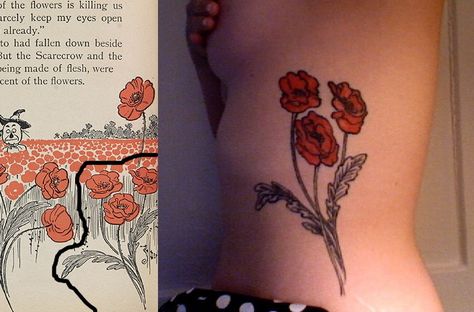 Poppy Tattoo_ wizard of oz. this would be perfect next to my mom's handwriting. Looking for something to add to it, a pop of color of some kind. Wizard Of Oz Tattoo, Oz Tattoo, Poppy Tattoo, Bestie Tattoo, Literary Tattoos, Poppies Tattoo, Sibling Tattoos, Wings Tattoo, Sister Tattoos