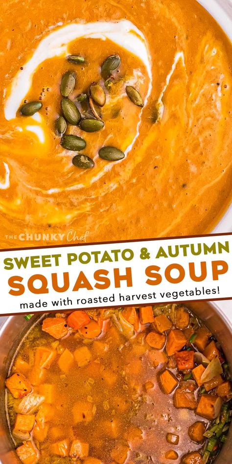 This Butternut Squash and Sweet Potato Soup is the ultimate in Fall and Winter comfort food. Roasting the squash and potatoes add such a deep caramelized flavor that is just unbeatable! The soup is also freezer-friendly! #soup #butternutsquash #sweetpotato #harvest Squash And Potatoes, Squash And Sweet Potato Soup, Butternut Squash And Sweet Potato, Butternut Squash Sweet, Frozen Butternut Squash, Sweet Potato Soup Recipes, Butternut Soup, Squash Soup Recipe, Sweet Potato Curry