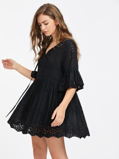 Three Quarter Sleeve Dresses, Simple Gowns, Boho Dresses Long, Mode Boho, Boho Mini Dress, Fashion Attire, Smock Dress, Tie Neck, Long Sleeve Mini Dress