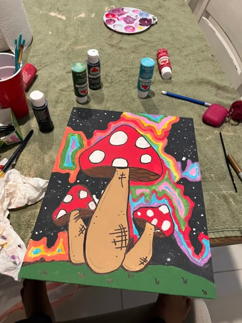 Mushroom Trippy Paint, Mushroom Painting Ideas Trippy, Trippy Mushroom Painting, Society Art, Mushroom Painting, Trippy Mushroom, Mushroom Paint, Trippy Drawings, 70s Interior