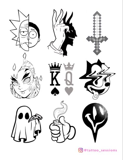 Tattoo flash sheet design art cool stencil Flash Tattoo Men Design, Tattoo Flash Art Sheet, Flash Style Tattoo, 2023 Flash Tattoo, Flat Sheet Tattoos, Grunge Flash Art, Cool Flash Art, Small Graphic Tattoo, Blackwork Flash Sheet