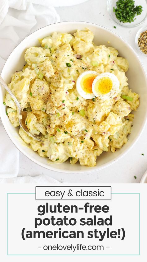 Our classic American-style potato salad recipe is naturally gluten-free and full of homestyle flavor. It's the perfect classic side dish for potlucks, picnics, and summer barbecues. / gluten-free american potato salad / gluten-free potato salad recipe / classic potato salad recipe / creamy potato salad recipe / the best gluten-free potato salad recipe / gluten free side dish / gluten-free bbq side dish / potato salad recipe with creamy dressing / is potato salad gluten free Gluten Free Potato Salad Recipe, Gluten Free Potato Salad, Creamy Potato Salad Recipe, Gluten Free Side Dish, Gluten Free Side, American Potato Salad, Salad Gluten Free, Salad Recipes Gluten Free, Bbq Side Dish