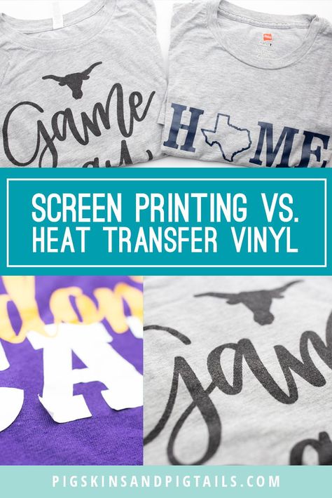 What's the difference between screen printing shirts and heat transfer vinyl (HTV)? Here's a comparison of the 2 DIY shirt making methods. #tshirt #diy Diy Shirt Printing, Screen Printing Tutorial, Vinyl Craft Projects, Silouette Cameo, Tshirt Printing Business, Screen Printing Press, Diy Screen, Fun Diy Craft Projects, Diy Screen Printing