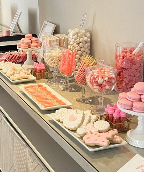 Sweet Table in a Box Baby Shower Candy Table Dessert Table in a Box All Inclusive Sweet Table Bundle - Etsy Macaroon Dessert Table, Baby Shower Boxes Decorations, Sweets Bridal Shower Theme, Preppy Candy Bar, Pink Treat Table Ideas, Candy Bar Set Up, Pink Sweets Table, Sweet One Dessert Table, Country Dessert Table