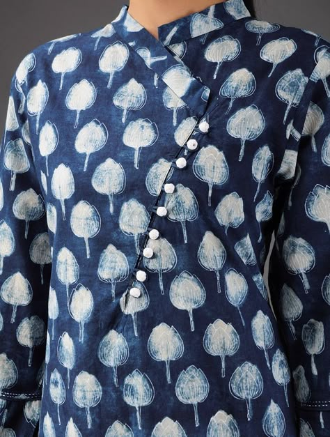 Indigo Dyed Tulip Motif Hand Block Printed Long Tunic - Buy Apparel > Tops… Kurta Patterns, Neck Designs For Suits, Salwar Designs, Kurti Patterns, Salwar Kamiz, Kurta Neck Design, Cotton Kurti Designs, Kurti Neck, Dress Neck Designs