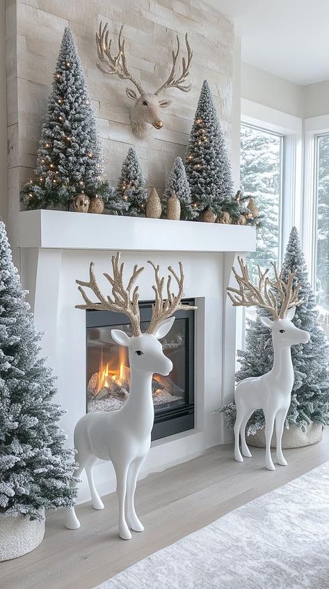 Reindeer Fireplace Decor, Fireplace Ideas Christmas Mantles, Rudolf Christmas Tree, Christmas Farmhouse Living Room, White Deer Christmas Decor, Reindeer On Mantle, Christmas Decor Ideas For Shop, Fireplace Christmas Mantel, White Christmas Mantel Decorating Ideas